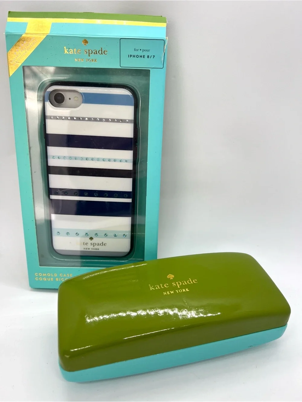 Kate Spade iPhone 8/7 Striped Jeweled Case NWT + Sunglasses Case Bundle